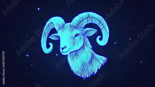 Glowing blue ram symbolizing aries zodiac sign in starry night sky