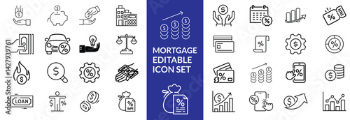 loan line icons. Mortgage, credit, debt, tax etc. Editable stroke Mortgage icon set .
