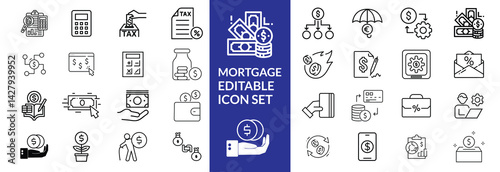 loan line icons. Mortgage, credit, debt, tax etc. Editable stroke Mortgage icon set .