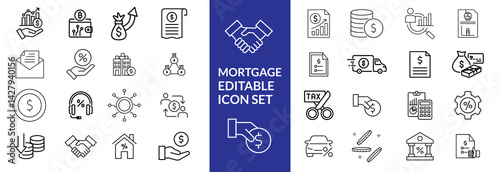 loan line icons. Mortgage, credit, debt, tax etc. Editable stroke Mortgage icon set .