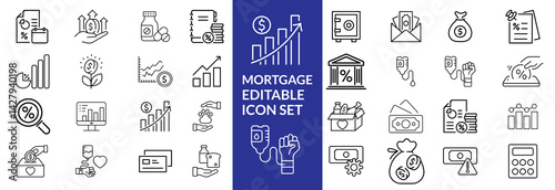 loan line icons. Mortgage, credit, debt, tax etc. Editable stroke Mortgage icon set .
