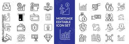 loan line icons. Mortgage, credit, debt, tax etc. Editable stroke Mortgage icon set .