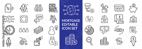 loan line icons. Mortgage, credit, debt, tax etc. Editable stroke Mortgage icon set .