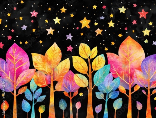 Colorful, whimsical forest of trees under a starry night sky.
