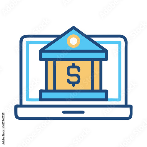 Online Banking Icon: Laptop Screen Displaying a Bank Building