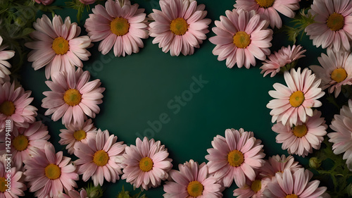 Pink Daisy Flowers Framing a Dark Green Background photo