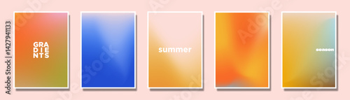 Summer and Autumn Gradient abstract poster templates with removable white borders. Blue, Yellow, and tangerine orange gradation abstract templates. Vector Illustration.
