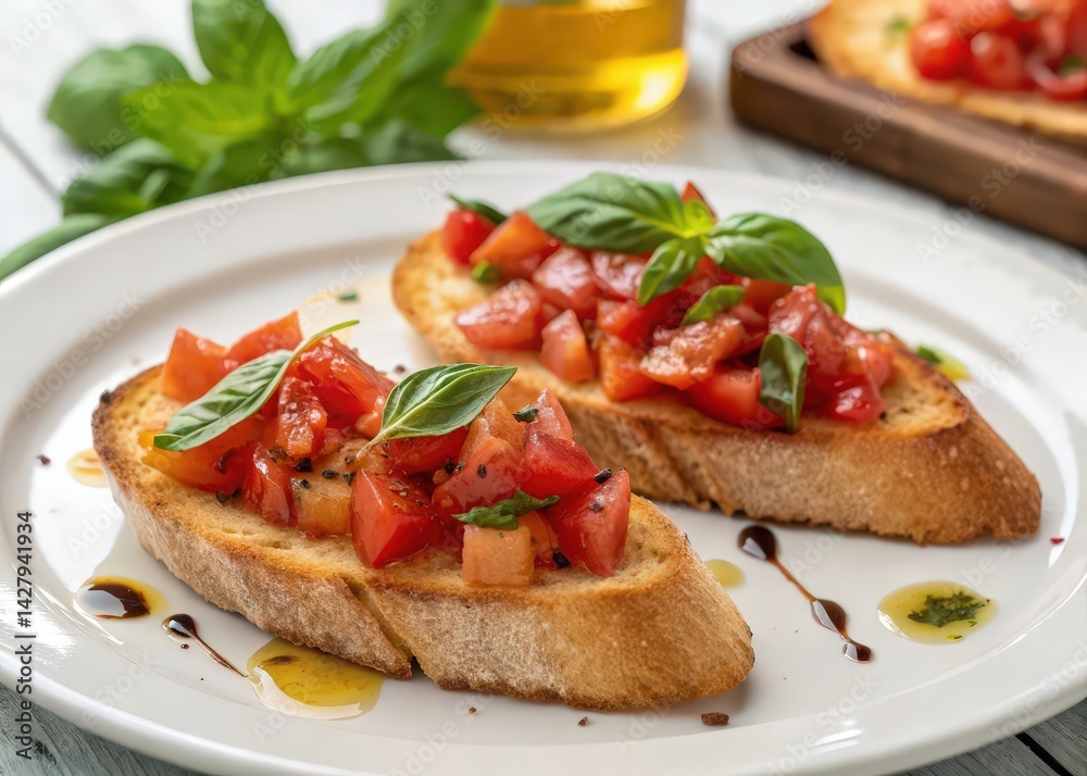 Two pieces of toasted bread with tomato sauce and basil leaves on top. Two pieces of toasted bread with tomato sauce and basil leaves on top.