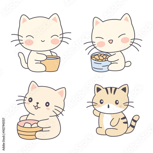 Set of Happy Cute Orange Kitten Little Cat Pet Animal Cartoon Character is Eating and Drinking