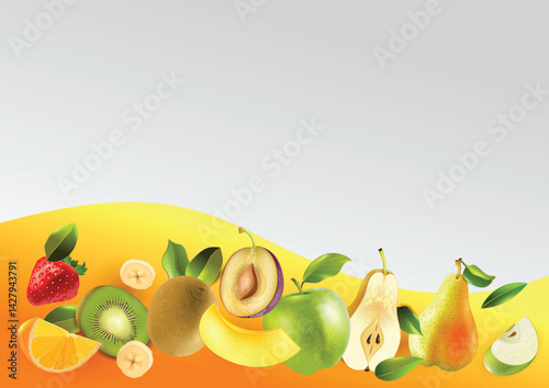 Colorful banner featuring a vibrant assortment of fresh fruits. Ideal for healthy food promotions, organic markets, summer themes, and nutrition-related designs. 
