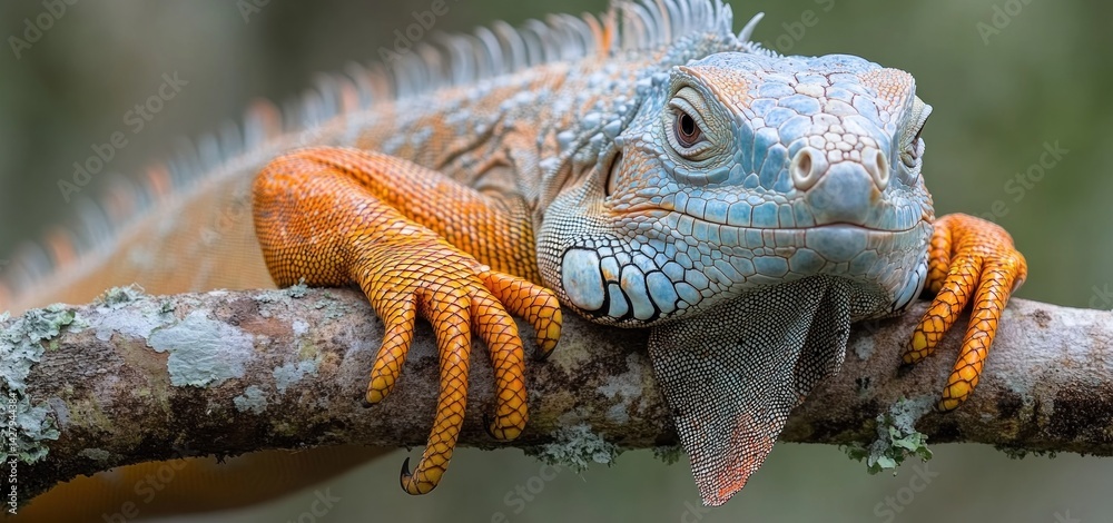 Vibrant Blue and Orange Iguana on a Branch Vibrant Blue and Orange Iguana on a Branch