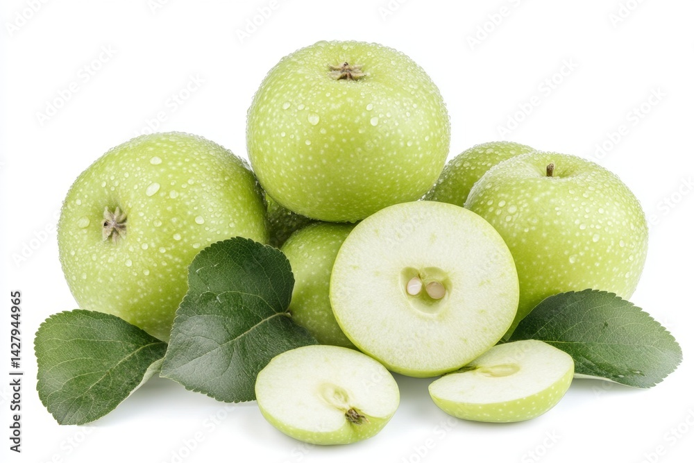 Obraz premium Fresh green apples with leaves and slices