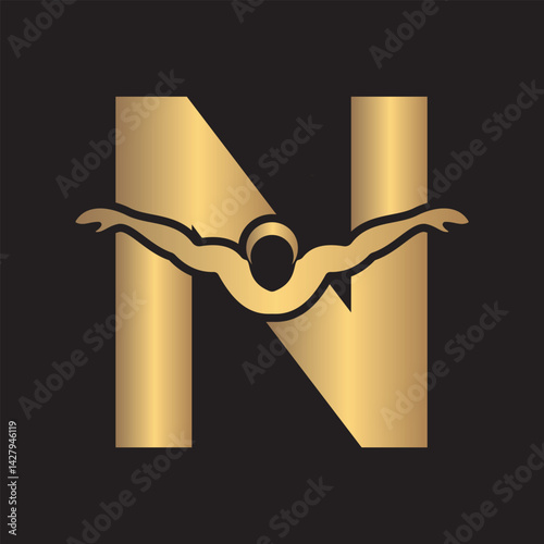 Swimming Logo combine with letter N vector template