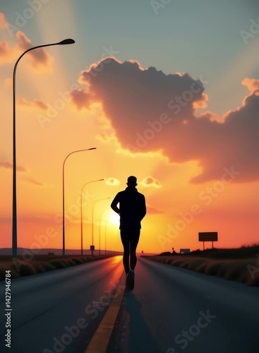A man running down a road at sunset.