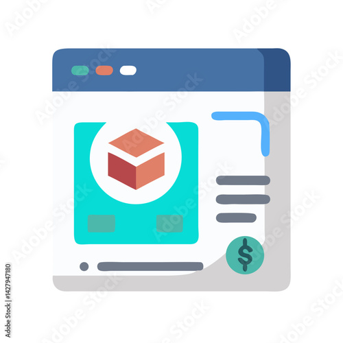 Online store with product display, checkout process and dollar sign.