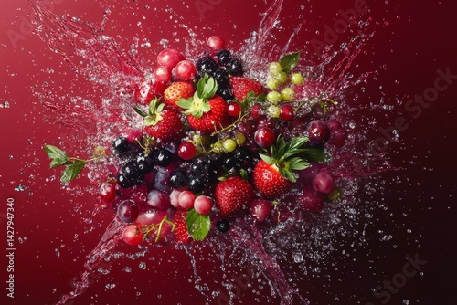 Fresh berries exploding in a splash of water photo