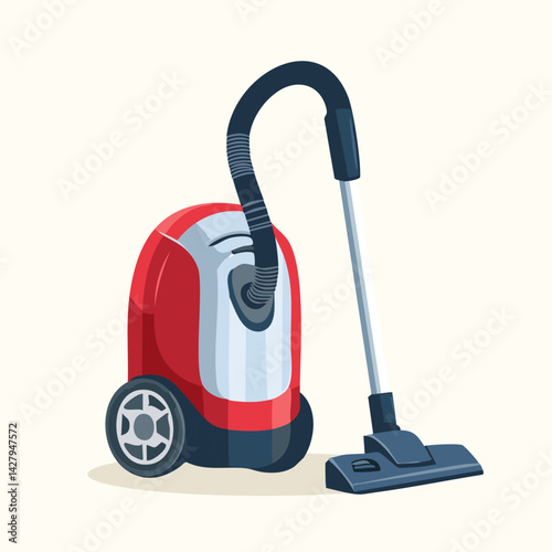 Illustration of canister vacuum cleaner with a hose and wand, presented in a flat style