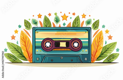 Decorated Retro Cassette Tape Vector Illustration