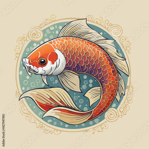 Illustration of a vibrant orange koi fish with flowing fins, set within a decorative circular frame