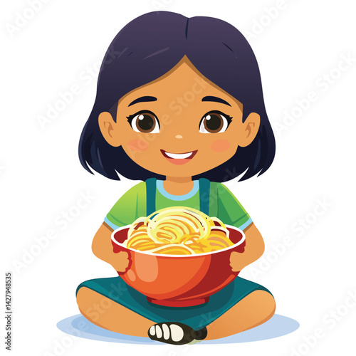 Cute girl holding a bowl of noodles