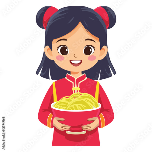 Cute girl holding a bowl of noodles