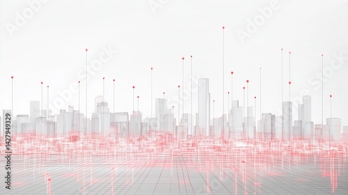 Minimalist wireframe skyscraper with glowing red node on white background, architectural blueprint style, clean grid overlay