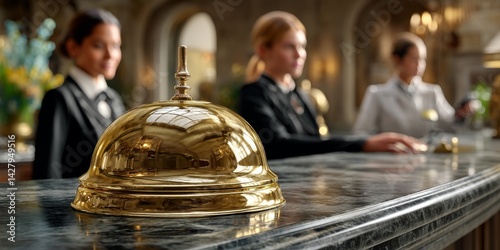 Golden service bell shining on luxurious hotel reception desk with staff working