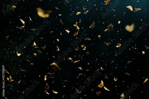 Golden butterflies in a dark night sky.  A flurry of ethereal, light-gold winged insects against a deep black backdrop.  Many small, delicate forms dance amidst a fine, sparkling dust