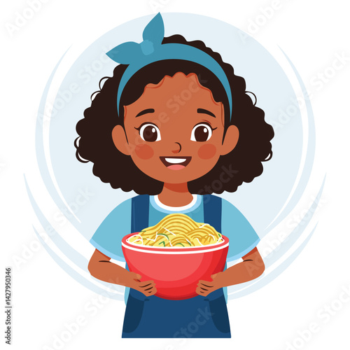 Cute girl holding a bowl of noodles
