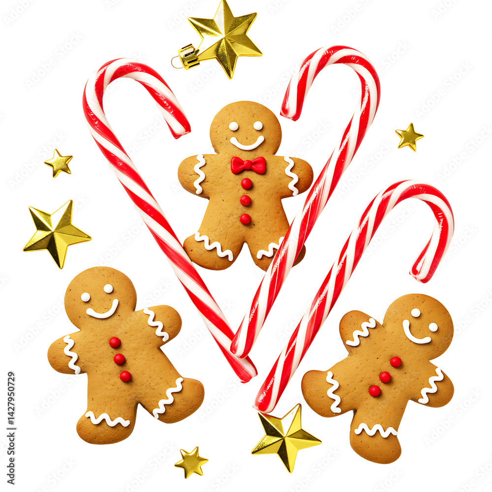 Naklejka premium Gingerbread Cookies Candy Canes and Stars on Transparent Background