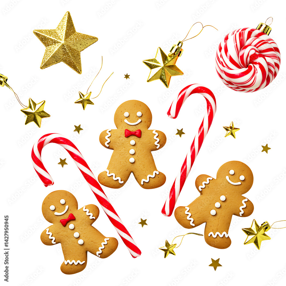 Naklejka premium Christmas Holiday Decorations with Gingerbread and Candy Canes on Transparent Background