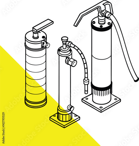 Pneumatic Silhouette Pumps Vector - Mechanical Fluid Pumps - Hand Pump Designs - Stylized Vector Art of Manual Fluid Pumps