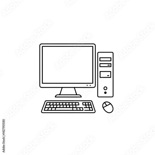 PC desktop computer line art illustration, simple design, for website design
