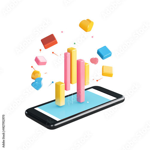 Wallpaper Mural 3D rendering of colorful bar graph on smartphone screen with floating shapes, illustrating data analysis and mobile business intelligence on transparent background Torontodigital.ca