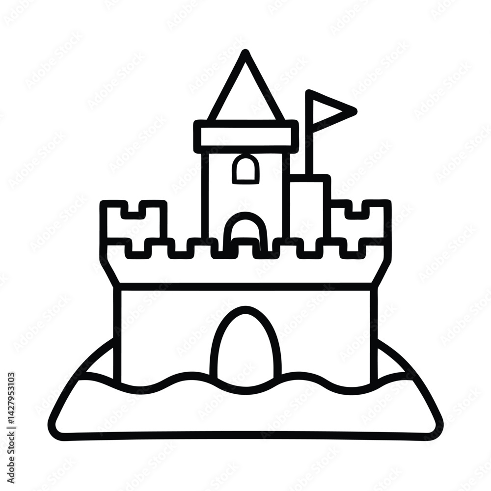 Line art illustration of a sandcastle with a flag on a small hill against a white background Line art illustration of a sandcastle with a flag on a small hill against a white background