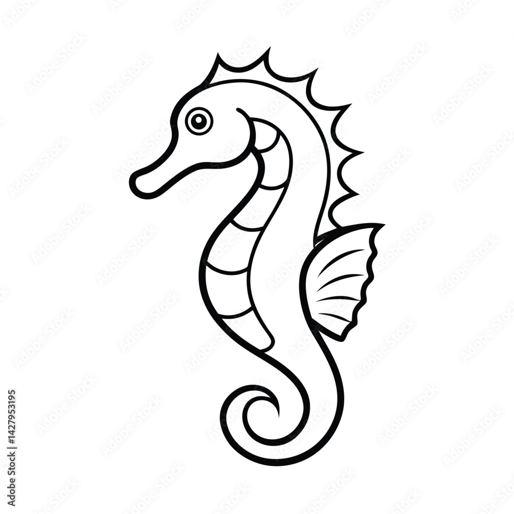Fototapeta premium Black and white outline illustration of a cute seahorse perfect for coloring pages and educational resources for kids