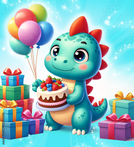 Gift card. Dinosaur with birthday cake and balloons. Birthday celebration. 