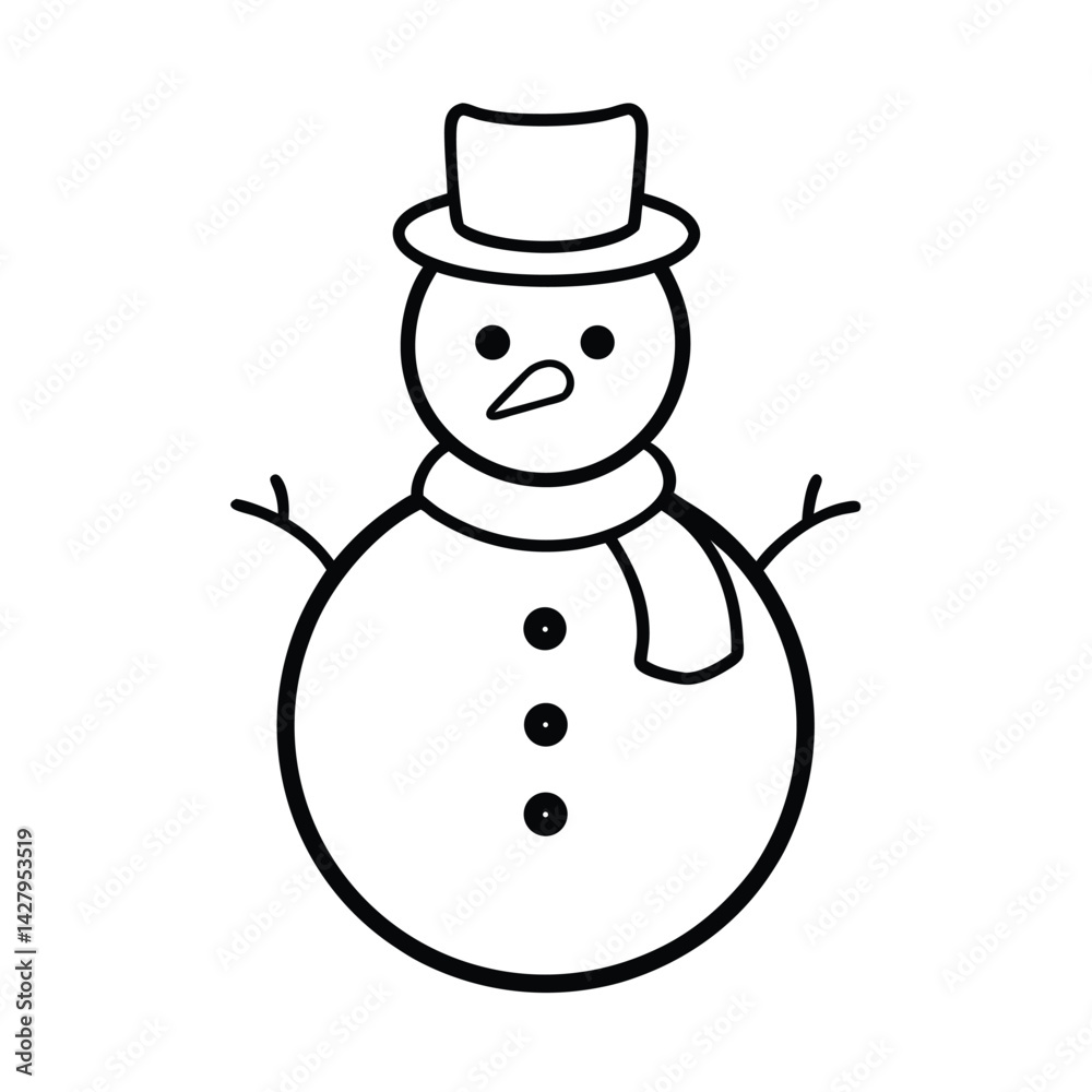 Minimalist snowman illustration with top hat and scarf for holiday designs and winter themes black and white Minimalist snowman illustration with top hat and scarf for holiday designs and winter themes black and white