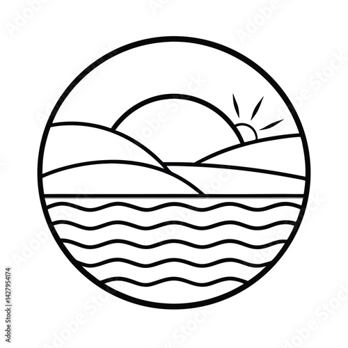 Minimalist ocean landscape silhouette with sun rising over hills in circular frame illustration