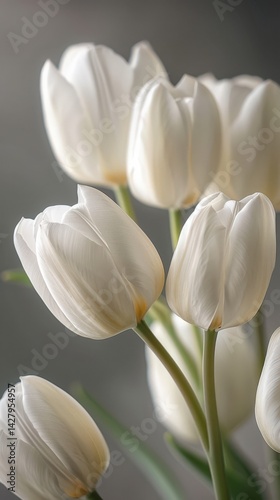 A bouquet of white tulips in full bloom grey background photo.