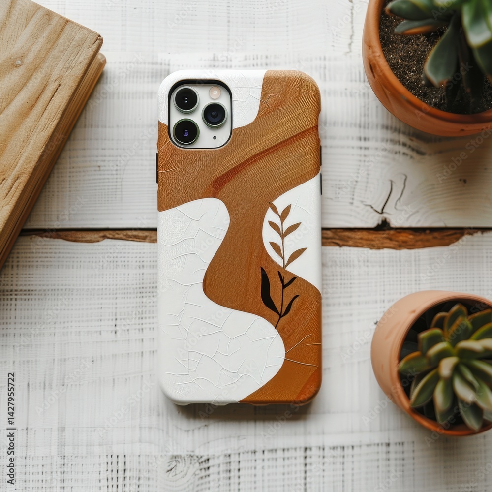 Phone Case with Plant Design on Wooden Table