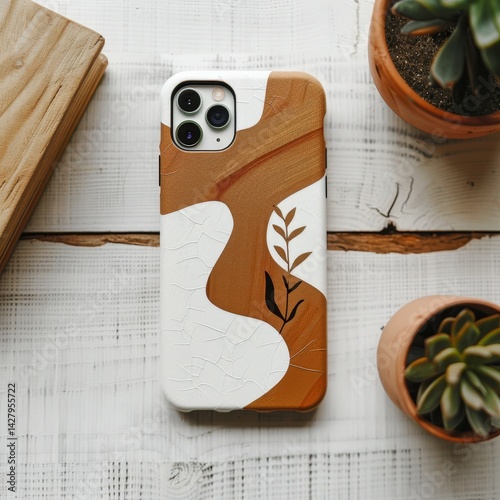 Obraz na płótnie Phone Case with Plant Design on Wooden Table w salonie