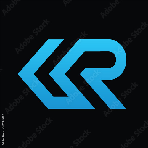 this is a line logo design of initial letter R with an arrow head facing left in blue gradient on a black background