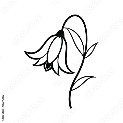 Elegant black and white floral illustration of a solitary flower with stem and leaves vector