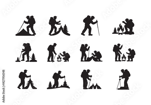 Silhouettes of hikers and campers with backpacks and gear in mountain scenes, vector icon set