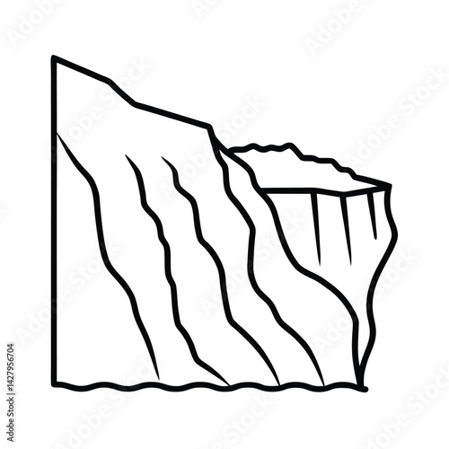 Cliffside landscape outline illustration rocky coastline with waterfall depiction minimalist scenic design