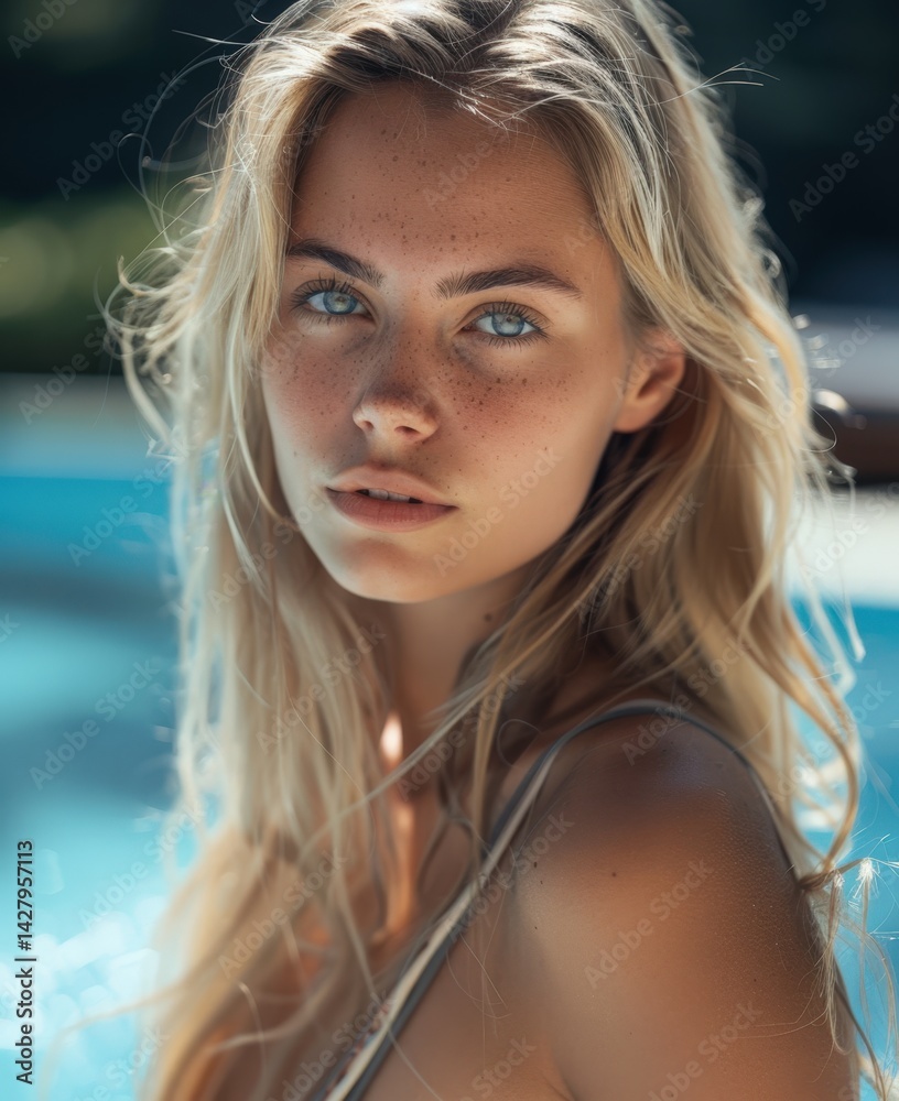 Beautiful Russian Woman by the Pool for Summer Vacation Photo.Fictional Character Created By Generative AI