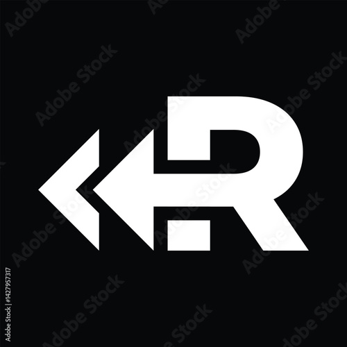 this is a flat logo design of initial R with two arrow heads facing left for rewind logo in white color on a black background