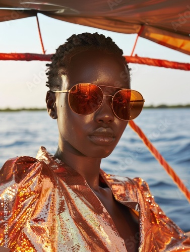 Obraz na płótnie African Woman in Sunglasses on a Boat for Summer Trip Photo.Fictional Character Created By Generative AI w salonie