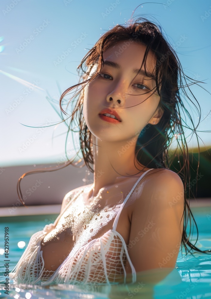 Beautiful Asian Woman in White Bikini Top in Swimming Pool for Summer Holiday Photo.Fictional Character Created By Generative AI